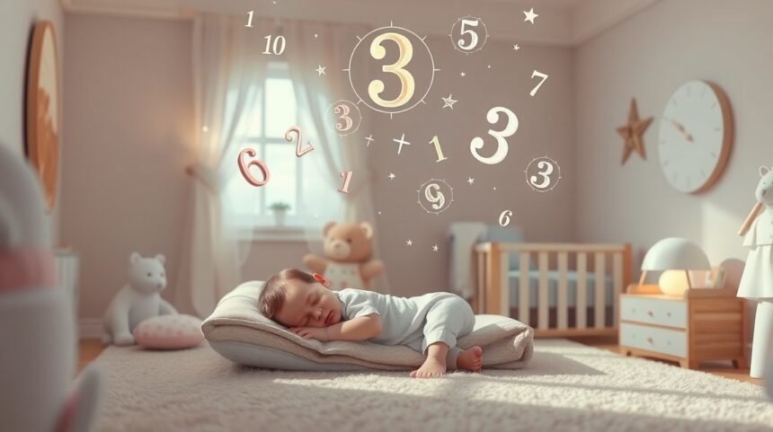 Bebeluș dormind cu numere asupra lui, simbolizând cifra destinului.
