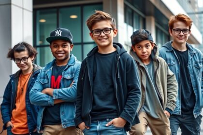 Grup de băieți tineri zâmbind modern și cu stil