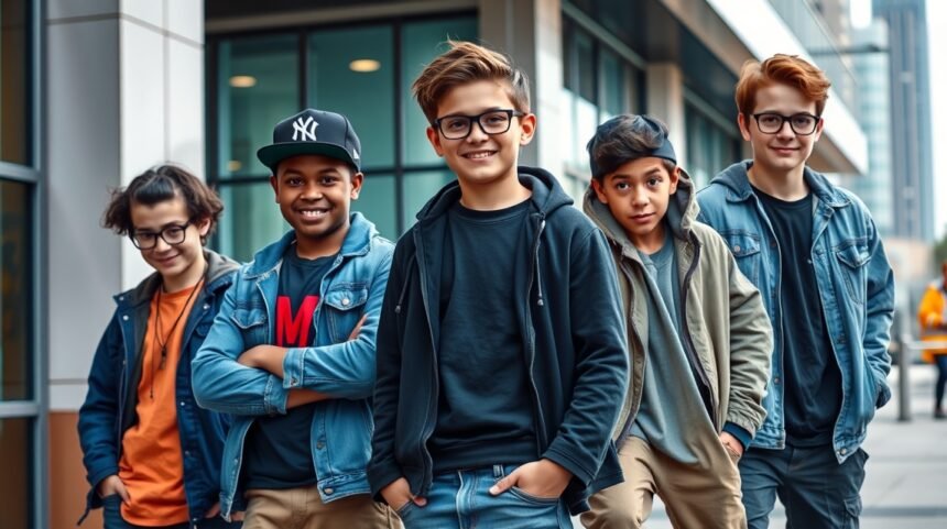 Grup de băieți tineri zâmbind modern și cu stil