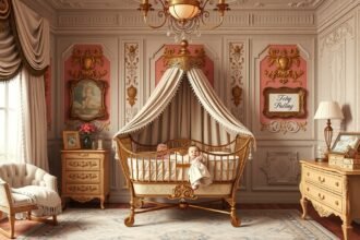 Camera elegantă pentru fetițe cu un pătuț regal