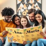 Familie citind o carte despre numele compuse Ana-Maria