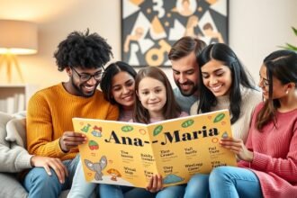 Familie citind o carte despre numele compuse Ana-Maria