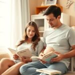 Părinți citind despre alegerea numelui bebelușului în cameră