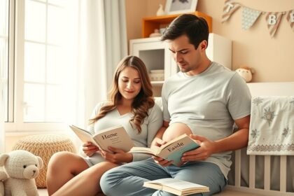 Părinți citind despre alegerea numelui bebelușului în cameră