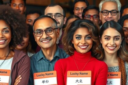 Grup divers de oameni zâmbind, cu nume norocoase afișate.