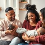 Familie fericită cu bebeluși în brațe, promițând un viitor plin de nume unisex.