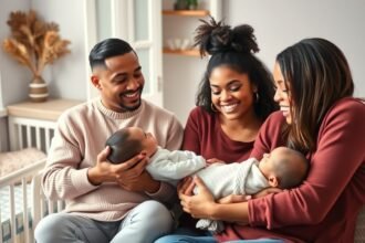 Familie fericită cu bebeluși în brațe, promițând un viitor plin de nume unisex.