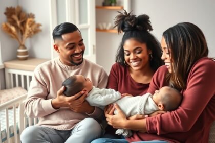 Familie fericită cu bebeluși în brațe, promițând un viitor plin de nume unisex.