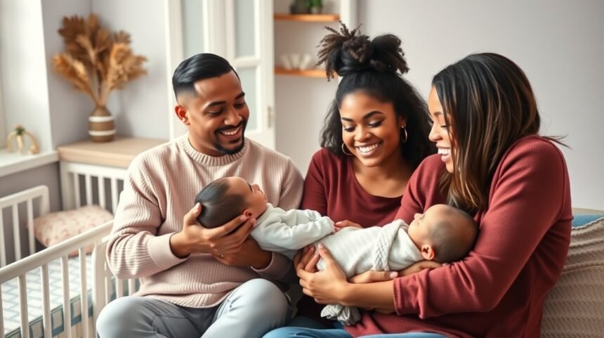 Familie fericită cu bebeluși în brațe, promițând un viitor plin de nume unisex.