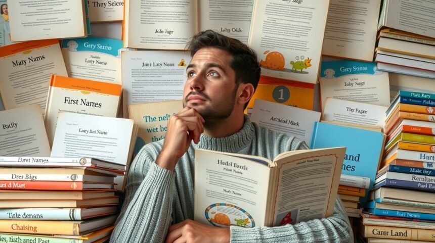 Bărbat citind cărți despre nume și alegerea prenomelor