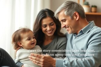 O familie fericită discută despre alegerea numelui copilului.