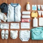 Bagajul de maternitate pentru mamă și bebeluș, haine și produse esențiale.