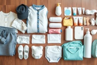 Bagajul de maternitate pentru mamă și bebeluș, haine și produse esențiale.