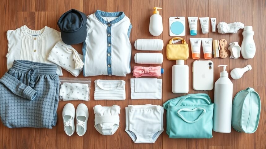 Bagajul de maternitate pentru mamă și bebeluș, haine și produse esențiale.