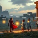 Cinci copii jucându-se în natură, purtând nume biblice semnificative.