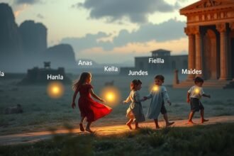 Cinci copii jucându-se în natură, purtând nume biblice semnificative.