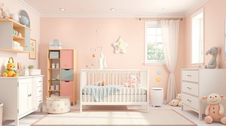 Camera bebelușului amenajată cu mobilier ergonomic și culori liniștitoare