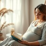 Femeie însărcinată citind o carte într-un decor confortabil