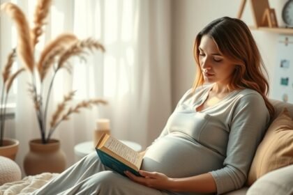 Femeie însărcinată citind o carte într-un decor confortabil