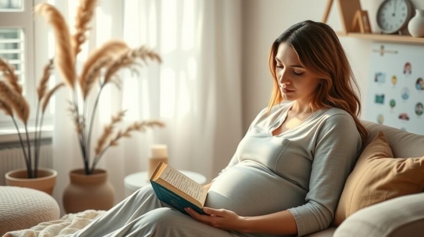 Femeie însărcinată citind o carte într-un decor confortabil