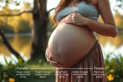 Femeie gravidă în natură, evidențiind schimbările în sarcină pe trimestre.