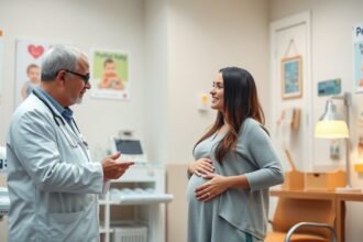 Doctor discutând cu o mamă însărcinată despre sănătatea copilului.