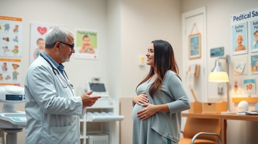 Doctor discutând cu o mamă însărcinată despre sănătatea copilului.