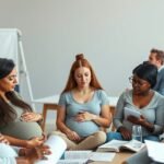 Participanți la cursul Lamaze și puericultură învățând tehnici de respirație.