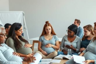 Participanți la cursul Lamaze și puericultură învățând tehnici de respirație.