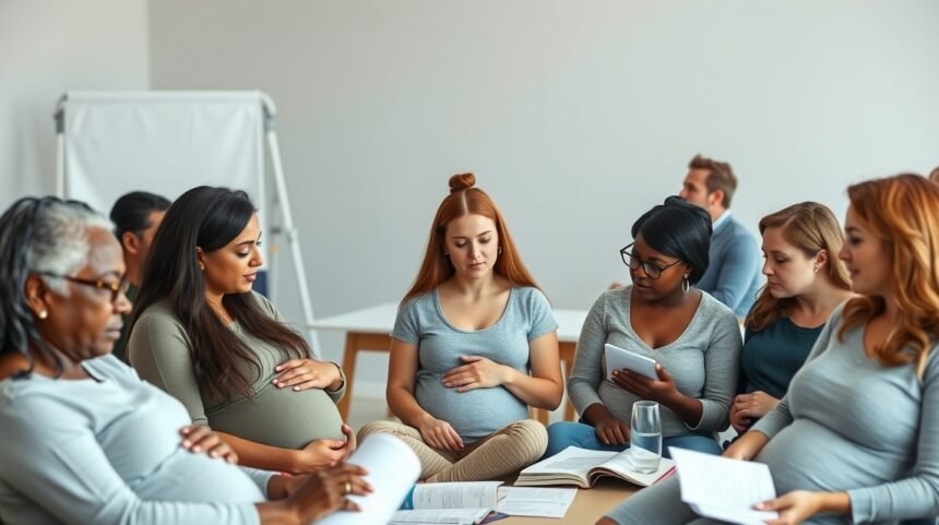 Participanți la cursul Lamaze și puericultură învățând tehnici de respirație.