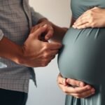 Tatăl sprijină partenera în timpul sarcinii, punându-i mâna pe burtă.