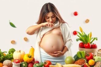 Femeie insarcinata in fata unei mese pline de legume si fructe proaspete