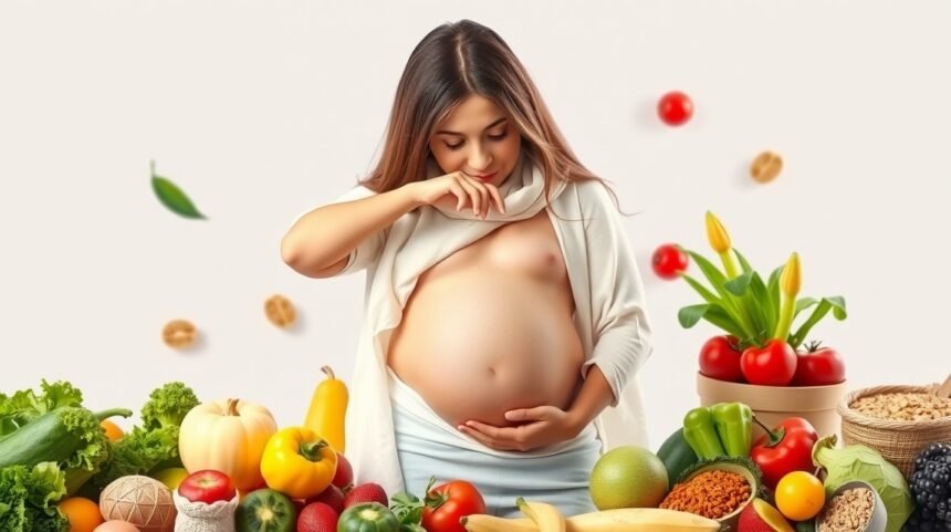 Femeie insarcinata in fata unei mese pline de legume si fructe proaspete