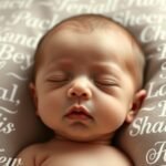 Un bebeluș adormit pe o pernă cu nume scrise pe ea