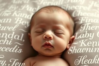 Un bebeluș adormit pe o pernă cu nume scrise pe ea