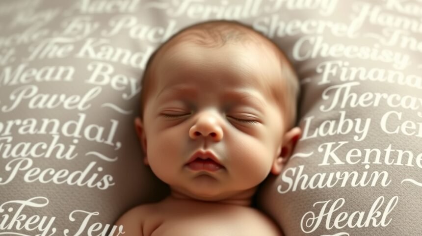 Un bebeluș adormit pe o pernă cu nume scrise pe ea