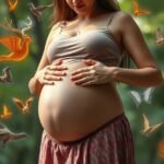 Femeie însărcinată ținându-și burtica, înconjurată de păsări