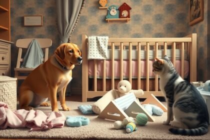 Câine și pisică în cameră pregătită pentru un bebeluș.