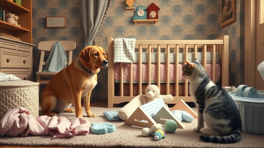 Câine și pisică în cameră pregătită pentru un bebeluș.