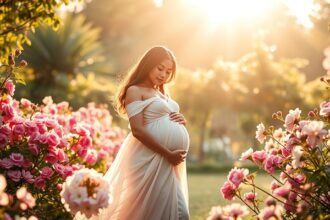 Ședință foto de maternitate într-o grădină plină de flori roz