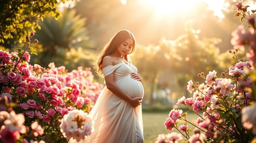 Ședință foto de maternitate într-o grădină plină de flori roz