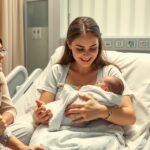 Mama care își ține copilul în brațe în spital, înconjurată de rude