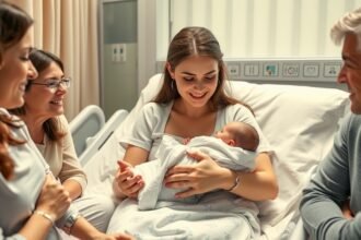 Mama care își ține copilul în brațe în spital, înconjurată de rude