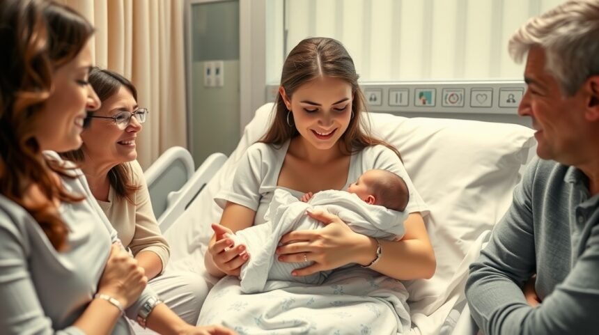 Mama care își ține copilul în brațe în spital, înconjurată de rude