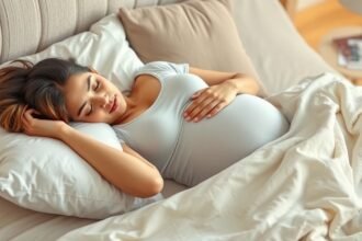 Femeie însărcinată dormind confortabil pe partea stângă în pat