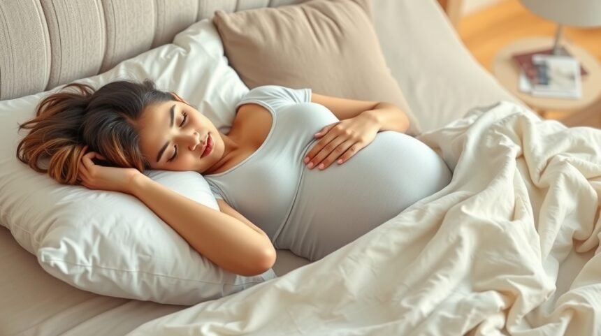 Femeie însărcinată dormind confortabil pe partea stângă în pat