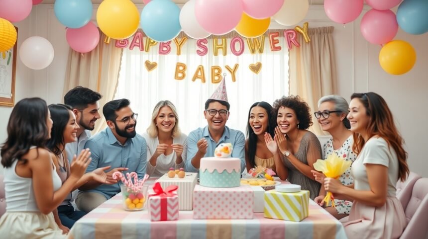 Petrecerea surpriză de Baby Shower cu invitați zâmbitori