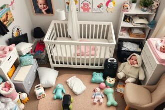 Camera de copil cu pătuț, jucării și articole esențiale pentru bebeluș.