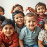 Grup de copii zâmbind și jucându-se împreună