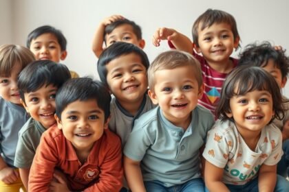 Grup de copii zâmbind și jucându-se împreună